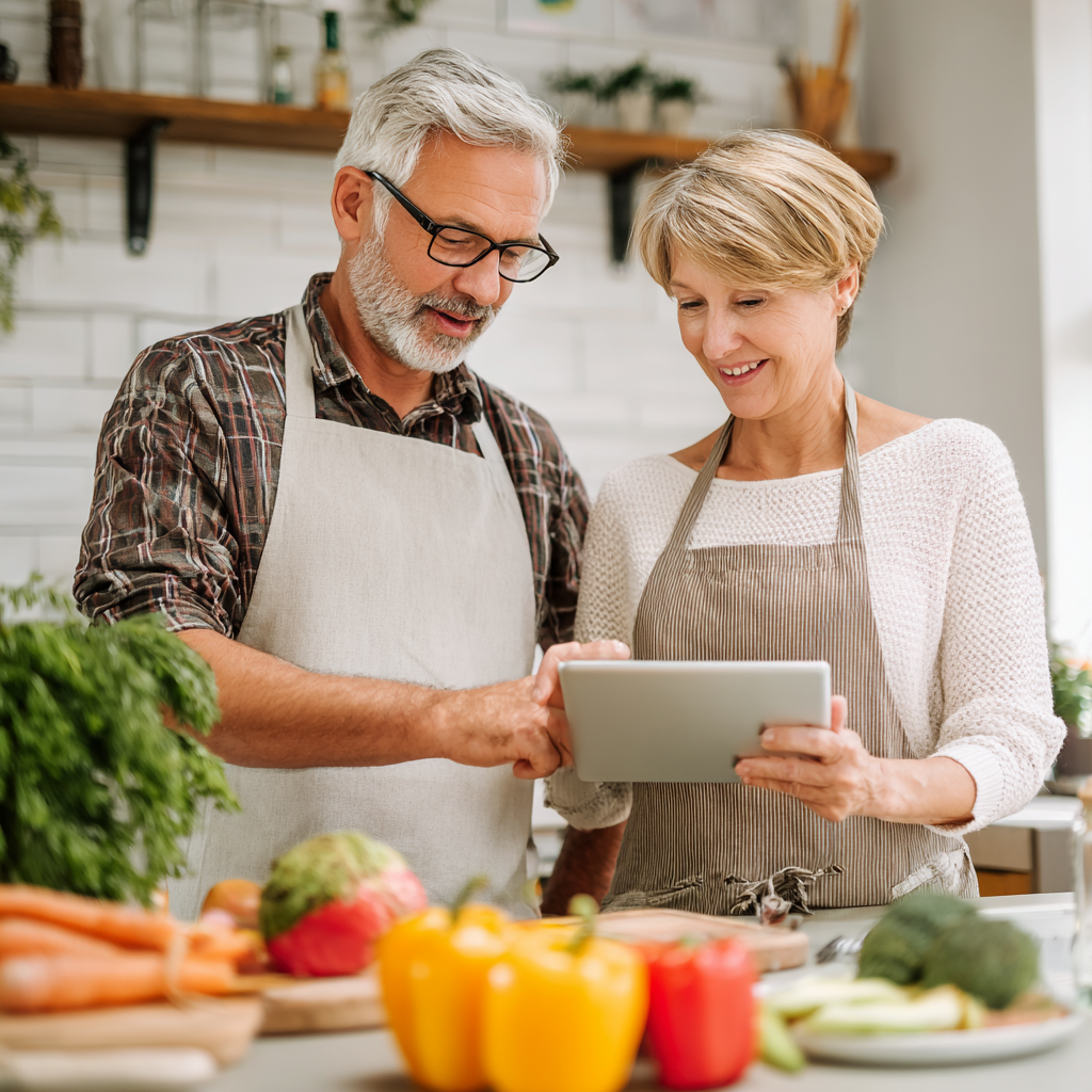 Middle-aged adults reviewing personalized meal plans on a tablet in a bright kitchen