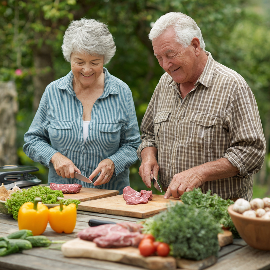 Older adults engaging in gentle outdoor activities with balanced meals